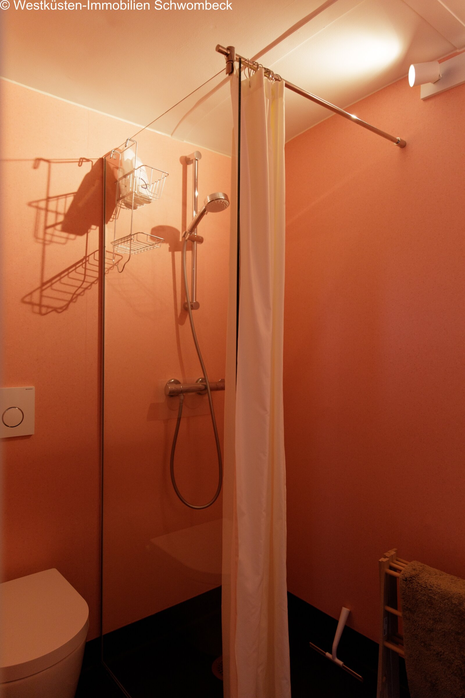 Zirkuswagen-Modernes Duschbad mit bodengleicher Dusche und praktischen Ablageflächen