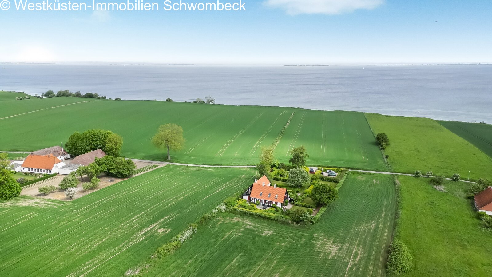 Luftaufnahme: Traumhaftes Anwesen mit ungehindertem Fördeblick in makellos gepflegter Landschaft Luftaufnahme: Traumhaftes Anwesen mit ungehindertem Fördeblick in makellos gepflegter Landschaft