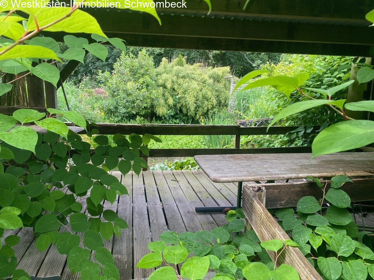 Überdachte Terrasse mit Blick auf den Gartenteich Überdachte Terrasse mit Blick auf den Gartenteich