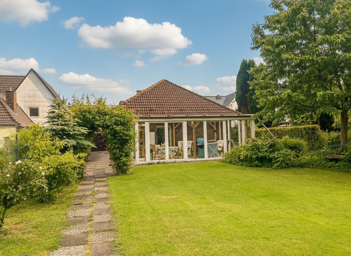 Moderner Wintergarten mit großflächiger Verglasung und direktem Gartenanbindung Moderner Wintergarten mit großflächiger Verglasung und direktem Gartenanbindung