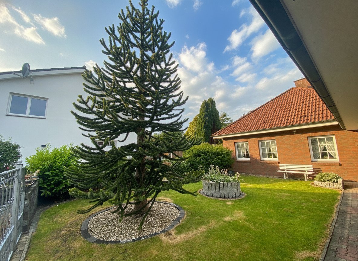 Blick auf den Vorgarten mit etabliertem Baumbestand und gepflegtem Außenbereich Blick auf den Vorgarten mit etabliertem Baumbestand und gepflegtem Außenbereich