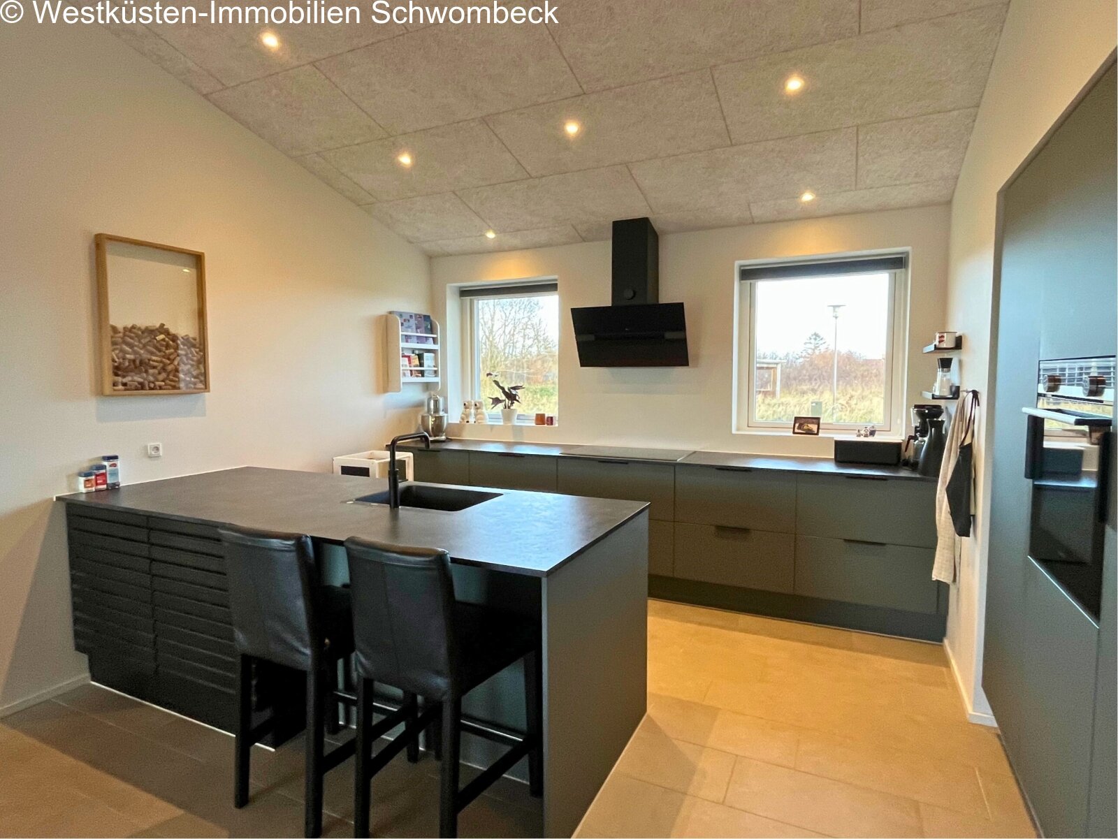 Moderne Wohnküche mit zentraler Kochinsel und großflächigen Fenstern