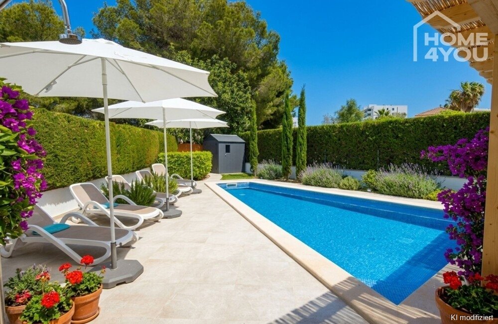 Bungalow mit ETV-Lizenz für 6 Personen, Salzwasserpool & Garten in Strandnähe, 97m², 3 SZ, 2 Bäder, 